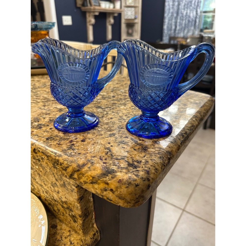 Vintage Cobalt Blue Glass White House Embossed Footed Creamer Set of 2